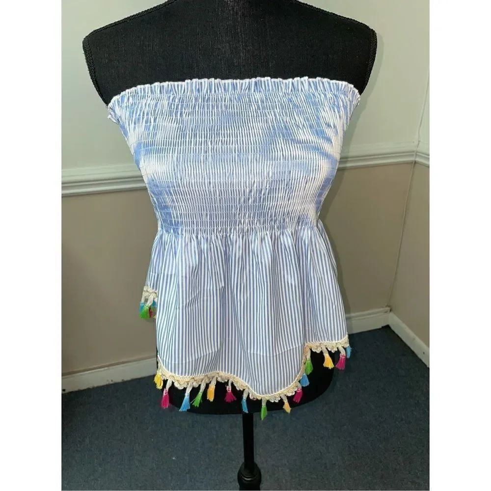 Shein Striped Shirred Frilled Tassel Hem Tub Top